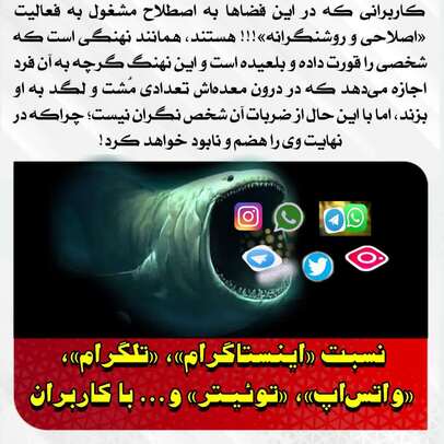 نسبت «اینستاگرام»، «تلگرام»، «واتس‌اپ»، «توئیتر» و... با کاربرانی که در این فضاها به اصطلاح مشغول به فعالیت «اصلاحی و روشنگرانه»!!! هستند، همانند نهنگی است که شخصی را قورت داده و بلعیده است و این نهنگ گرچه به آن فرد اجازه می‌دهد که در درون معده‌اش تعدادی مُشت و لگد به او بزند، اما با این حال از ضربات آن شخص نگران نیست؛ چراکه در نهایت وی را هضم و نابود خواهد کرد